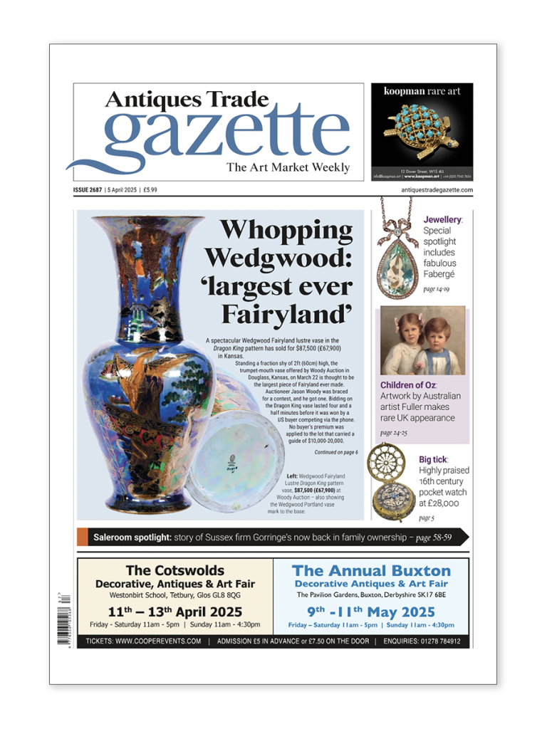 Cover page of the "Antiques Trade Gazette" issue 2687, dated 5 April 2025. The headline reads: "Whopping Wedgwood: 'largest ever Fairyland'" accompanied by a large photo of a colorful Wedgwood Fairyland lustre vase in the Dragon King pattern, which sold for $87,500. The sidebar features articles on jewellery with a Fabergé pendant, Australian artist Fuller’s rare artwork, and a 16th-century pocket watch valued at £28,000. Advertisements at the bottom promote upcoming antiques and art fairs in The Cotswolds (11–13 April 2025) and Buxton (9–11 May 2025).