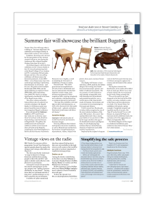 Page from Antiques Trade Gazette (5 April 2025, page 35) featuring articles about a Bugatti family summer exhibition at Treasure House Fair showing Rembrandt Bugatti's bronze sculptures, a piece on vintage radio programs, and 'Simplifying the sale process' article about Ronati Studio's cloud-based platform for art and antiques dealers. The page includes images of Bugatti artworks including a bronze hippopotamus sculpture.