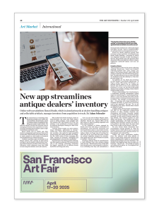 An article from The Art Newspaper featuring the headline "New app streamlines antique dealers' inventory" with a subheading explaining that "Online software platform Ronati Studio, which is aimed primarily at dealers handling antiques and collectable artefacts, manages inventory from acquisition to resale." By Adam Schrader. The image shows a person holding a smartphone displaying the Ronati app interface with antique item listings, next to a laptop. The article discusses how this new technology helps antique dealers manage their inventory more efficiently, with quotes from industry professionals including Clinton Howell and Stacey Tiveron.