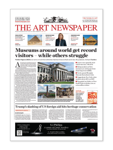 The front page of The Art Newspaper from April 2025 featuring the headline "Museums around world get record visitors - while others struggle." The page includes articles about museum attendance statistics post-pandemic, with sidebars about the Louvre maintaining its position as the most-visited museum, and other news items including "Trump's slashing of US foreign aid hits heritage conservation." The layout features several small images including the Louvre pyramid, a photo of a museum interior, and a portrait of architect Annabelle Selldorf. The masthead shows The Art Newspaper logo with additional text indicating it was established in 1983.