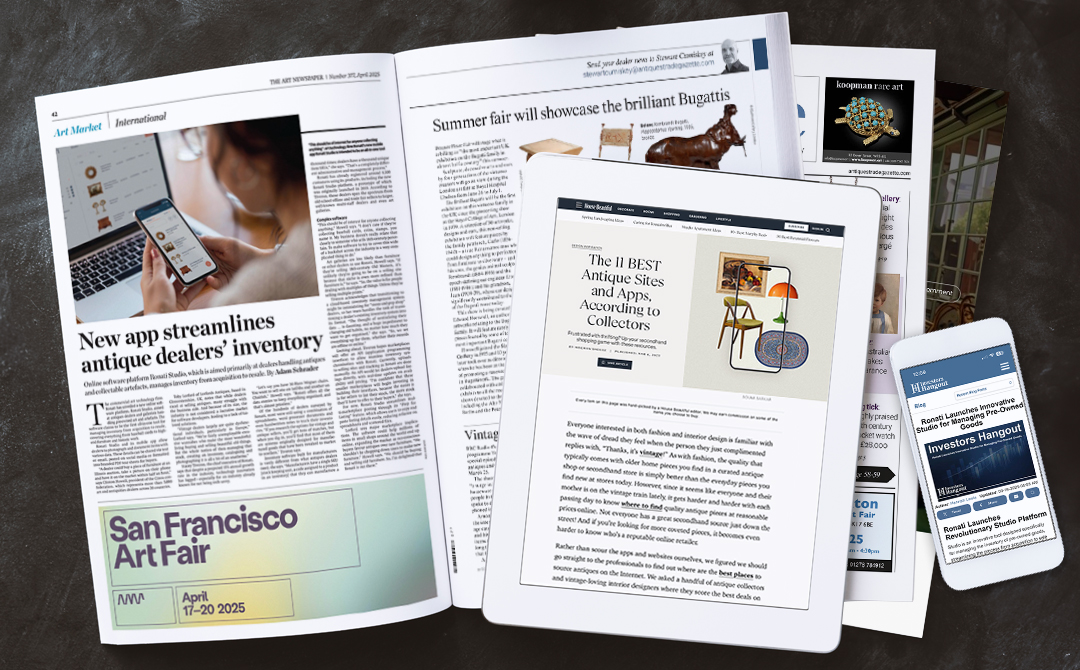 A collage of newspaper and digital media articles about Ronati Studio. The image shows several overlapping newspaper clippings and digital screens featuring headlines including 'New app streamlines antique dealers' inventory,' 'Summer fair will showcase the brilliant Bugattis,' and 'The 11 BEST Antique Sites and Apps According to Collectors.' There's also a tablet displaying an article about antique sites and apps, a smartphone showing 'Ronati Launches Innovative Studio for Managing Pre-Owned Goods' from 'Investors Hangout,' and a promotional flyer for the San Francisco Art Fair dated April 17-20, 2025. The layout presents various media coverage of Ronati Studio's launch across print and digital platforms.