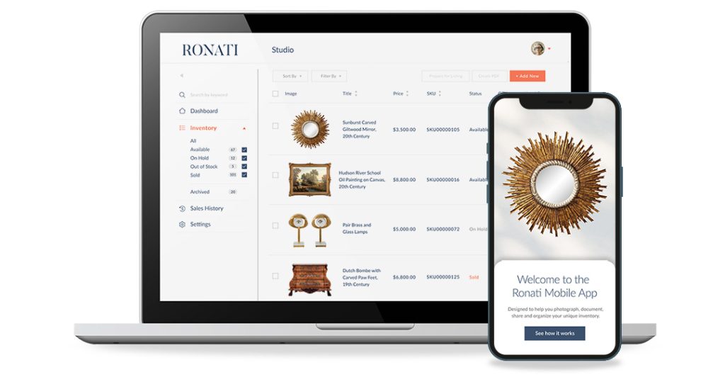 Ronati Studio's comprehensive inventory management system displayed across devices, illustrating how the platform helps vintage and antique sellers digitize and organize their collections - the first cloud-based solution enabling dealers to manage pre-owned goods from acquisition to sale on a single platform.