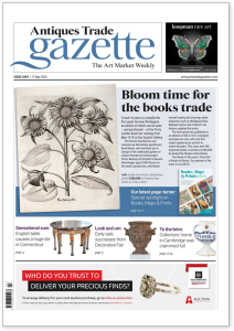 Front cover of Antiques Trade Gazette Issue 2693 from May 17, 2025, featuring the headline 'Bloom time for the books trade' with botanical illustrations of sunflowers, and additional stories about antique furniture and auctions