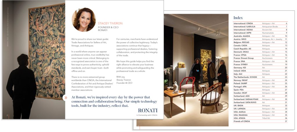 Interior pages of Ronati's Trade Associations Guide showing CEO Stacey Tiveron's welcome letter, elegant antique furniture photography, and comprehensive index of international art and antique dealer associations organized by country