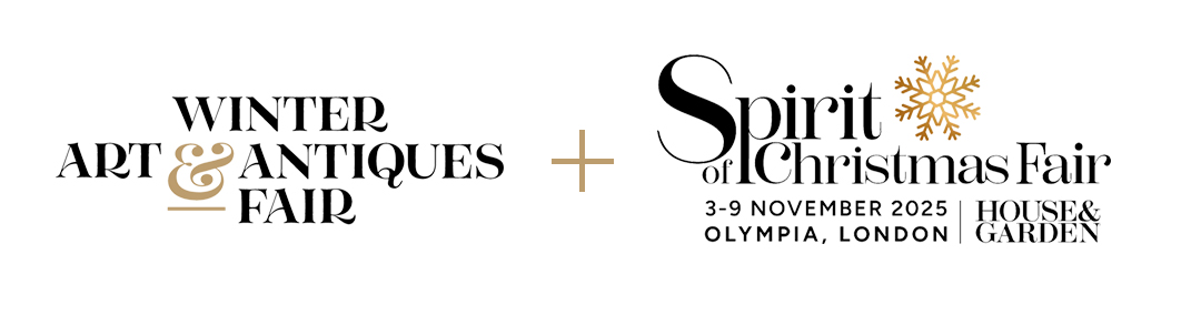 Winter Art & Antiques Fair logo alongside Spirit of Christmas Fair logo connected by a plus sign, showing the integration of the two events. Both logos feature elegant typography with the Christmas Fair's golden snowflake motif.
