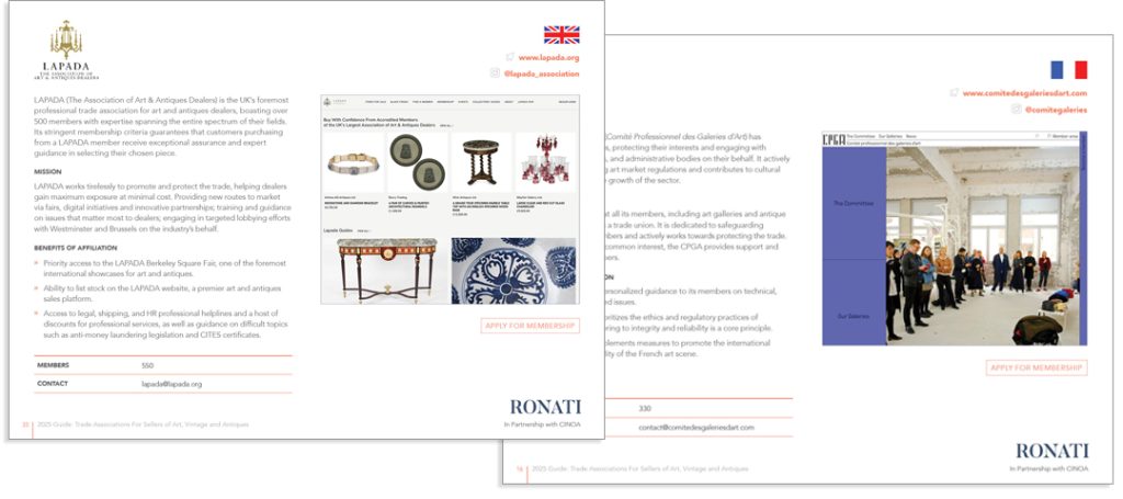 Sample pages from Ronati Trade Associations Guide featuring detailed profiles of LAPADA (UK) and French art dealer associations, including membership benefits, contact information, and professional showcase images