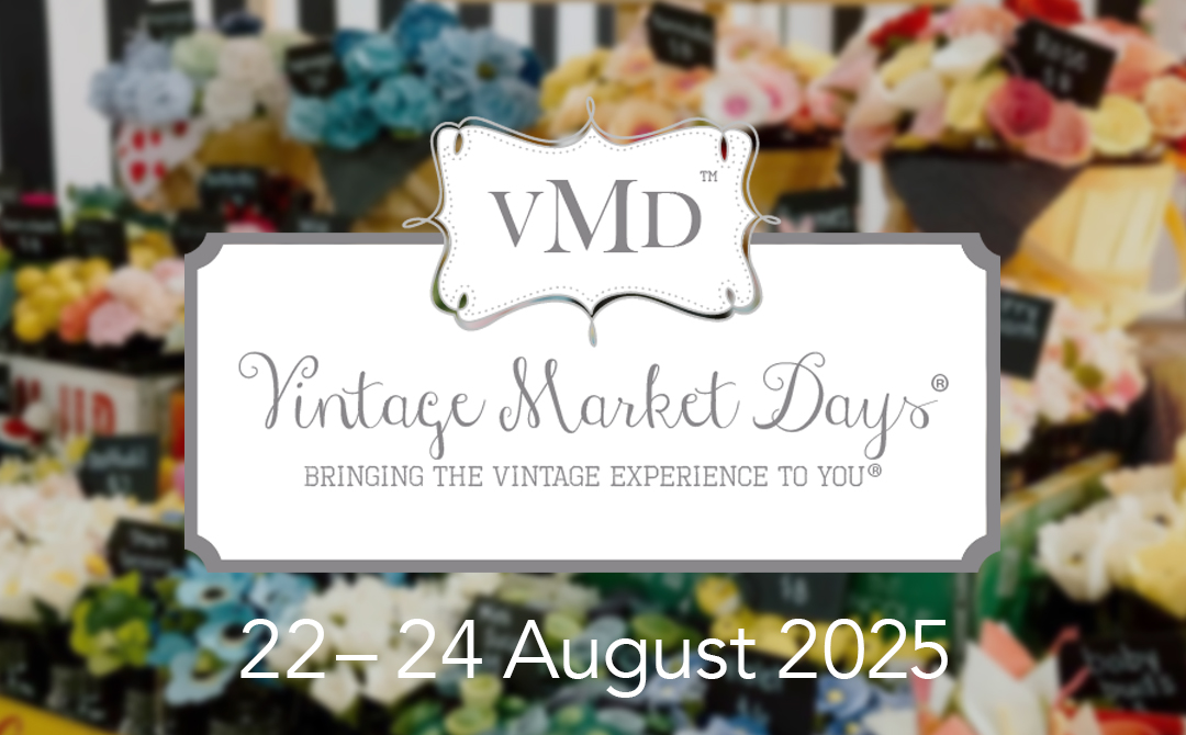 "Vintage Market Days logo with colorful vintage flowers in background, announcing August 22-24, 2025 dates for High Point debut"