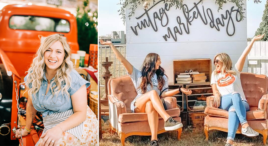 "Split image showing blonde woman at vintage market with orange truck backdrop and two women relaxing in vintage leather chairs at Vintage Market Days event"