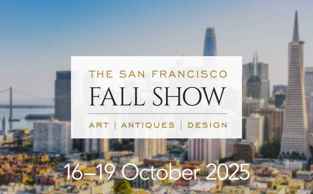 Skyline of San Francisco with the Bay Bridge and Transamerica Pyramid in view, overlaid with text announcing The San Francisco Fall Show, October 16–19, 2025.