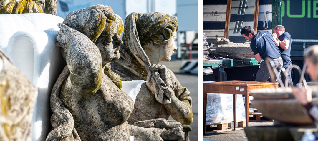 Detail of antique stone statues being unloaded at Mercanteinfiera in Parma, highlighting the scale of monumental objects and the hands-on work of dealers preparing for the fair.