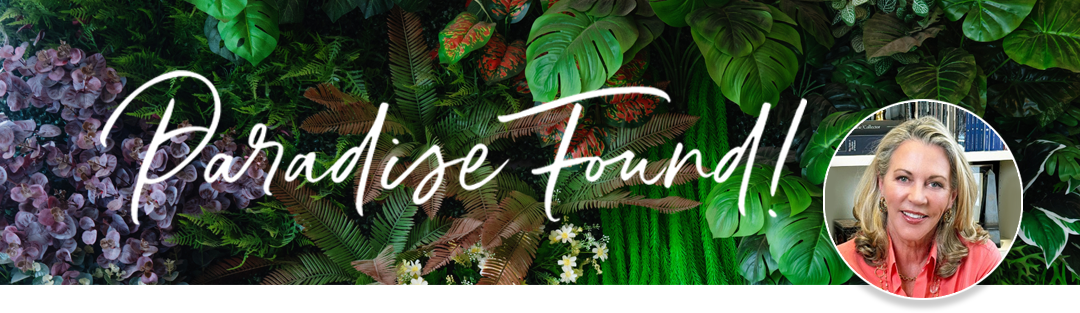 Lush botanical background with the words “Paradise Found” in script, alongside a portrait of Suzanne Tucker, Show Chair of the San Francisco Fall Show.