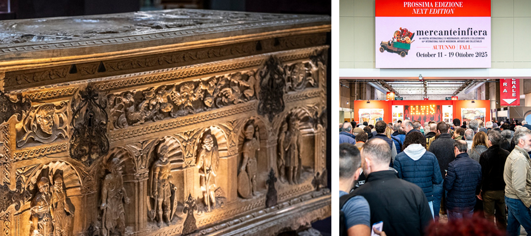 An intricately carved antique chest on display at Mercanteinfiera and a bustling crowd entering the Parma fairgrounds for the October 2025 edition.