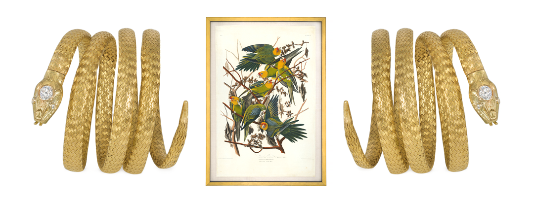 Pair of gold snake bracelets framing a botanical Audubon print — an example of the antique jewelry and fine art showcased at the San Francisco Fall Show.