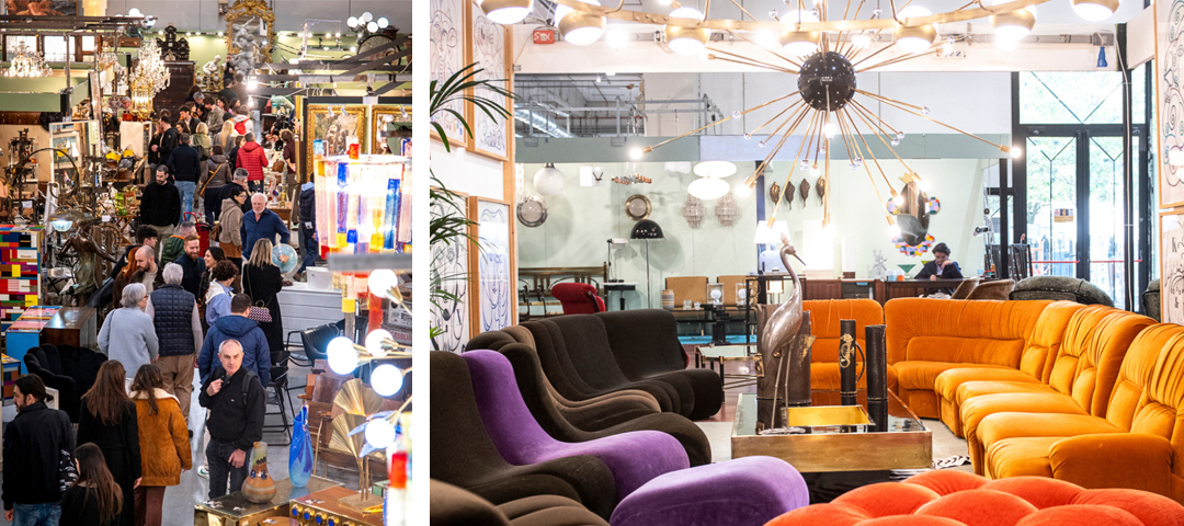 The lively atmosphere inside Mercanteinfiera with aisles of antiques, Murano glass, and mid-century furnishings, alongside a striking display of colorful Italian seating and lighting.