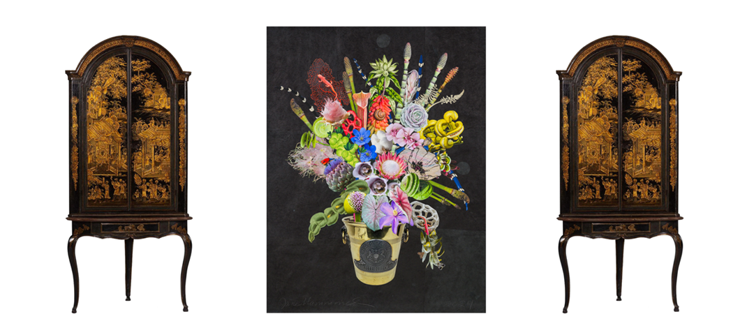 Pair of lacquered antique cabinets flanking a vibrant contemporary floral artwork, illustrating the mix of historic and modern design celebrated at the Show.