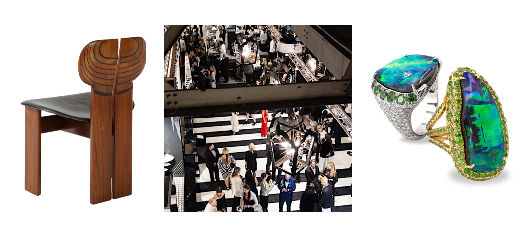 Collage of design treasures from the Fall Show: a sculptural wooden chair, a bustling view of the fair floor, and a pair of opal and diamond rings.