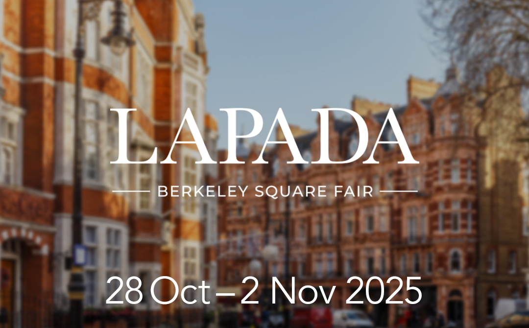 LAPADA Berkeley Square Fair logo over a view of historic red-brick buildings in Mayfair, London, promoting the 2025 fair dates, October 28–November 2.