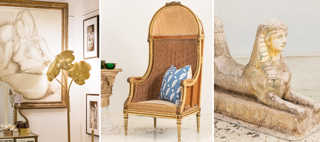 Collection of antique and vintage pieces from Modern Antiquarian, including a gilt floor lamp, carved French chair with blue cushion, and a sphinx sculpture — celebrating the beauty of patina, craftsmanship, and history.