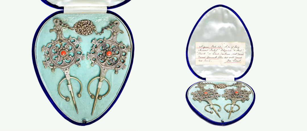 19th-century Northern Algerian silver and coral woman’s fibulae from the Kabyle people, presented by Cora Ginsberg