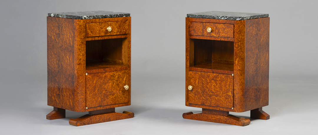 Pair of French Art Deco amboyna veneer nightstands with marble tops, circa 1930, presented by ILIAD New York