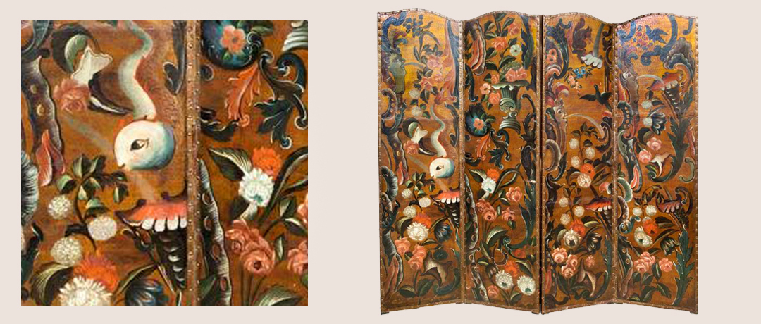Four-panel Dutch leather screen with polychrome painted allegorical scenes and gilt tooled ground, circa 1850, from Philip Colleck, Ltd