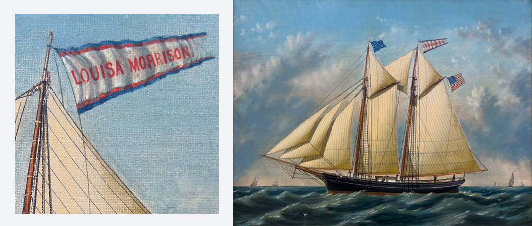 Maritime painting of the schooner Louisa Morrison sailing, probably in San Francisco Bay, presented by William Vareika Fine Arts
